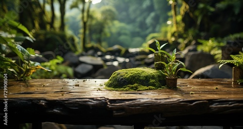 Table with moss and plants. Created with Ai