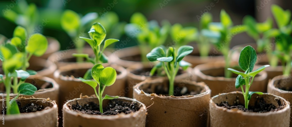 Close-up of sweet pea seedlings sprouting in cardboard toilet roll tubes. Close-up of sweet pea seedlings sprouting in cardboard toilet roll tubes.