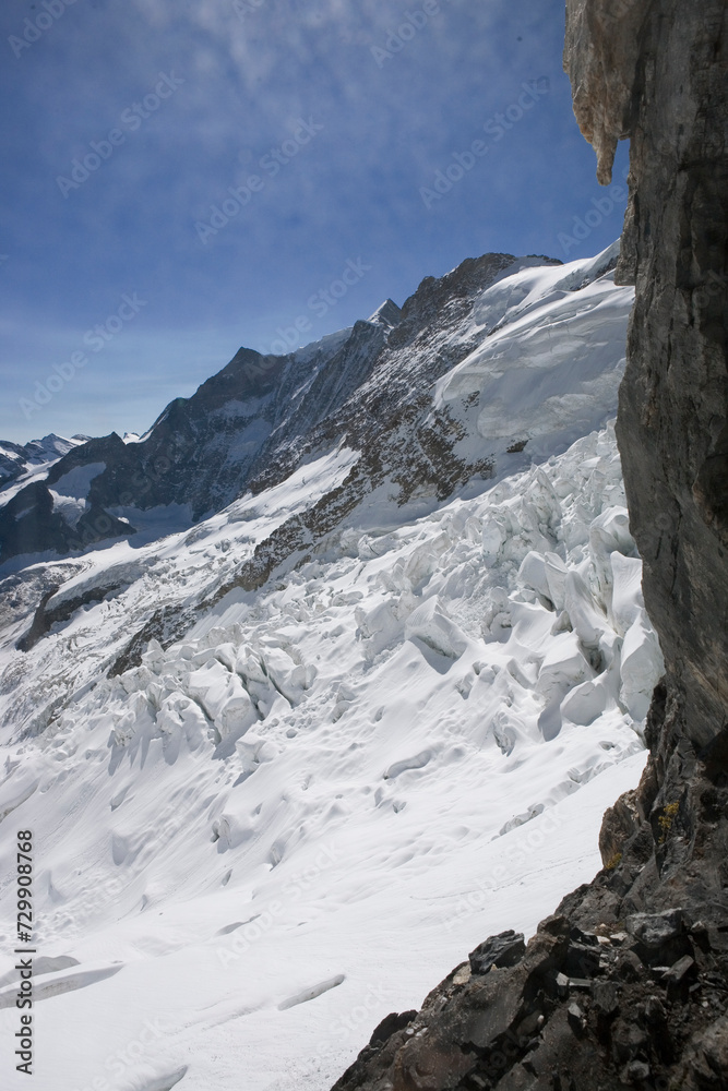 Deep crevasses on the Ischmeer Glacier, from the south-east face of the Eiger, Bernese Oberland, Switzerland