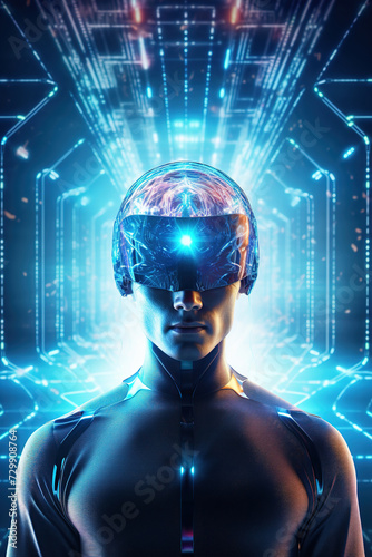 Futuristic man with a digital brain, perfect for themes related to AI, machine learning, and advanced computing in education and tech sectors. IT, cyberspace, computer data transfer.