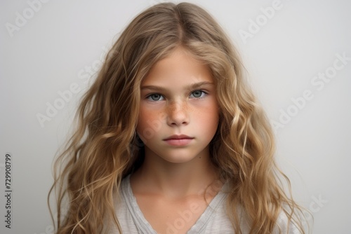 Portrait of a little girl with long blond hair. Studio shot.