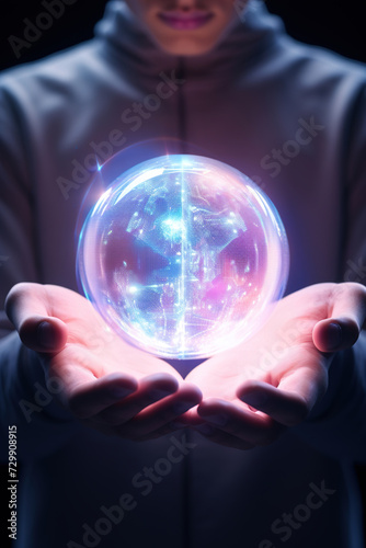 Hands cradle a glowing orb depicting a networked globe, ideal for themes of global connectivity, data networks, and futuristic technology in media designs.