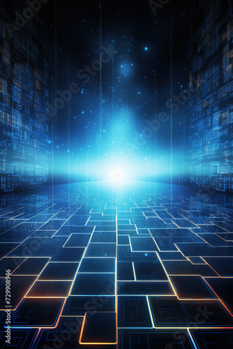 Abstract futuristic background with blue neon lights. IT, cyberspace, computer data transfer. Perfect for technology and cyber concepts. Virtual reality, artificial intelligence.