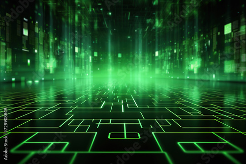 Abstract futuristic background with green neon lights. IT, cyberspace, computer data transfer. Perfect for technology and cyber concepts. Virtual reality, artificial intelligence.