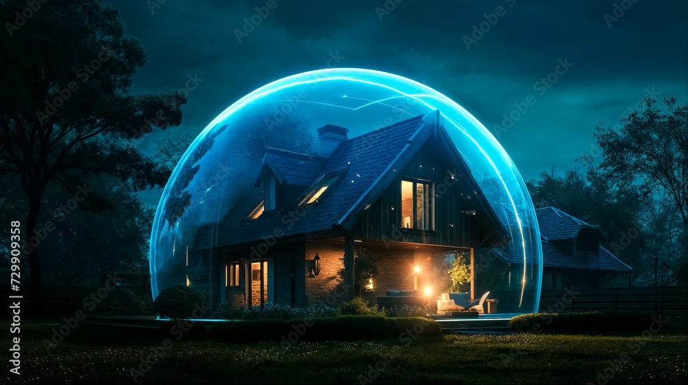 maison individuelle entourée d'un dôme de lumière bleue