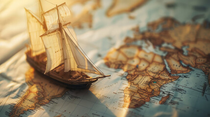 Old sailing ship model on world map , exploration and explorer concept image