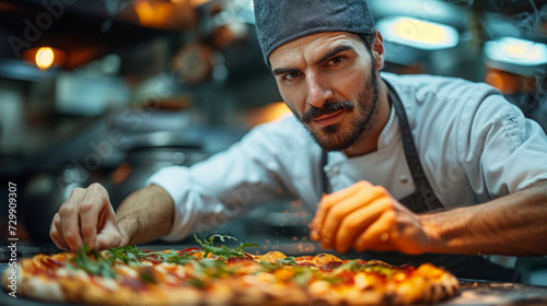 Pizza chef finishing the preparation of a tasty pizza in professional pizzeria restaurant kitchen