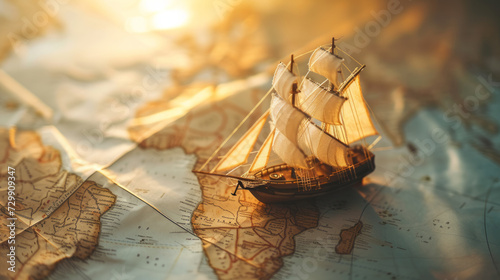Fototapeta Naklejka Na Ścianę i Meble -  Old sailing ship model on world map , exploration and explorer concept image