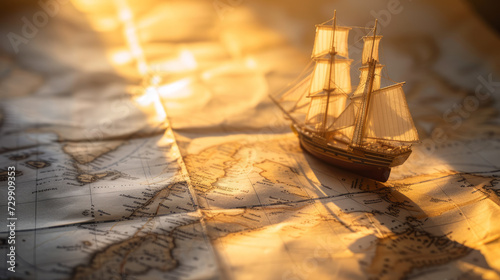 Old sailing ship model on world map , exploration and explorer concept image photo