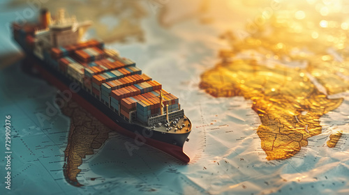 Container ship model on world map , transcontinental transportation or globalization concept image with copy space photo