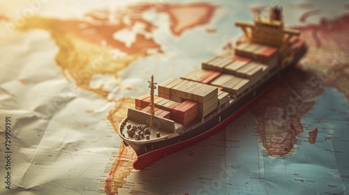 Container ship model on world map , transcontinental transportation or globalization concept image with copy space photo