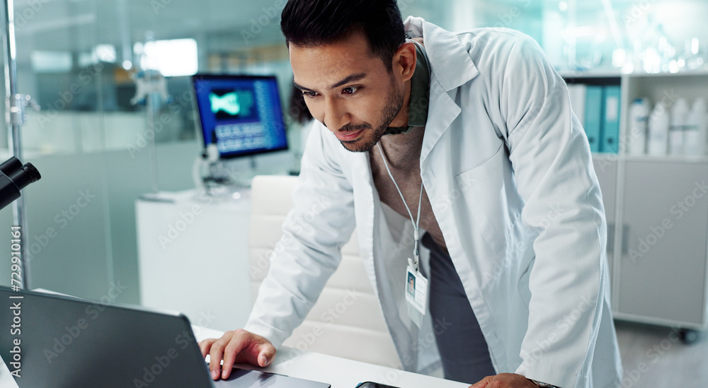 Serious man, tablet and scientist research in laboratory, experiment or data analysis to study healthcare. Digital technology, science or medical professional in investigation, innovation and walking Serious man, tablet and scientist research in laboratory, experiment or data analysis to study healthcare. Digital technology, science or medical professional in investigation, innovation and walking