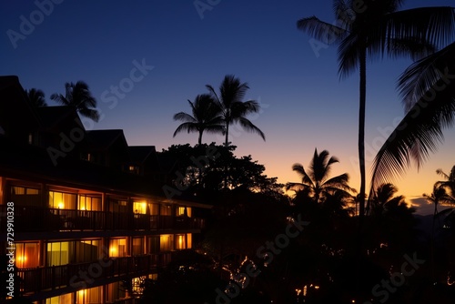 evening shot of a hotel with litup rooms and tropical trees silhouetted © primopiano