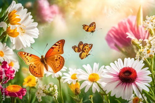 Arriva la primavera. Delicata composizione di fiori, farfalle, uova. La natura si risveglia in vista della Pasqua. Colori pastello delicati e tenui. photo
