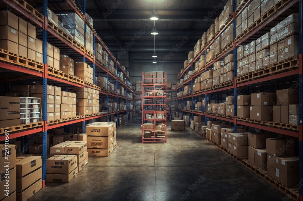 A large warehouse with shelves full of boxes and a person on a lift in the middle.