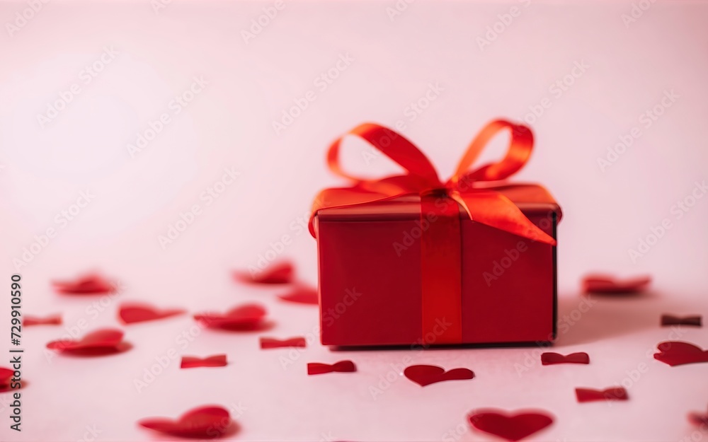 Elegant gift box with red ribbon. Girly pink background with hearts. Romantic gifts concept