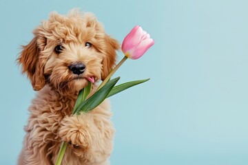 Cute little puppy dog with tulip flower in mouth on light blue background for Valentine's day or Mother's day or birthday card.