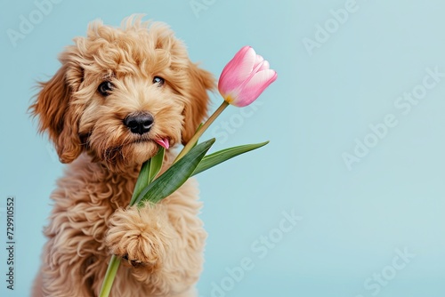 Cute little puppy dog with tulip flower in mouth on light blue background for Valentine's day or Mother's day or birthday card. #729910552