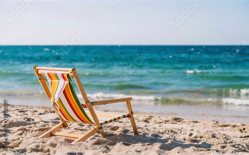 Deck chair on the beach. Summer scene with sand. Enjoying the sea. Minimal composition