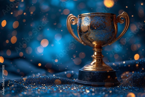 Golden Trophy with Blue Glitter Background Generative AI