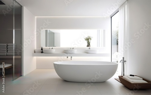 Modern design. Chic and minimalist bathroom with a standalone tub  a large mirror and clean white fixtures. Natural materials  calm and simple interior design. AI Generative.