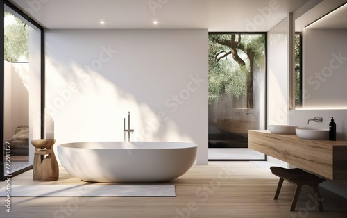 Modern design. Chic and minimalist bathroom with a standalone tub, a large mirror and clean white fixtures. Natural materials, calm and simple interior design. AI Generative.