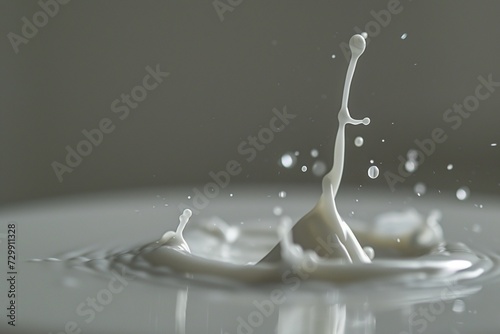 Subdued and delicate milk droplets suspended in a gentle splash, photographed in high definition, creating a serene and visually soothing image that embodies the purity and indulgence of dairy.