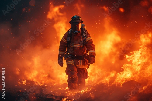 Firefighter in Full Gear Battling Blazing Inferno Generative AI