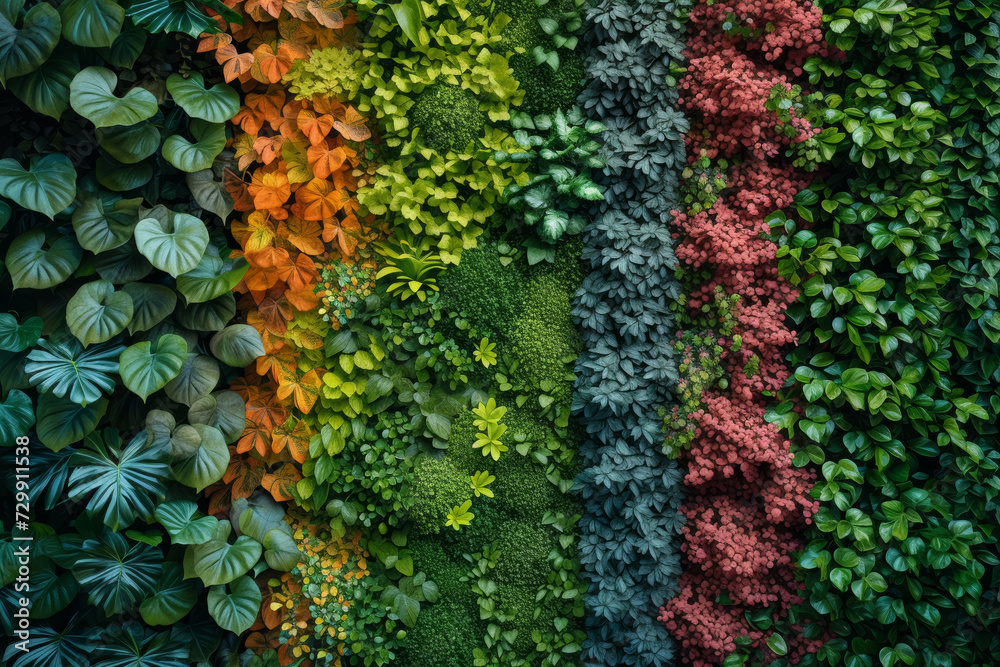 An image of a lush green wall adorned with various plant species, showcasing the aesthetic appeal and air-purifying benefits of vertical gardens in urban environments. Generative Ai.
