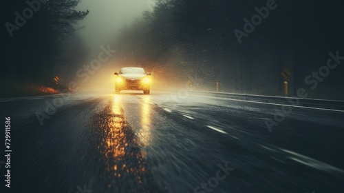 close up rain headlights car road highway night with fog lights in motion