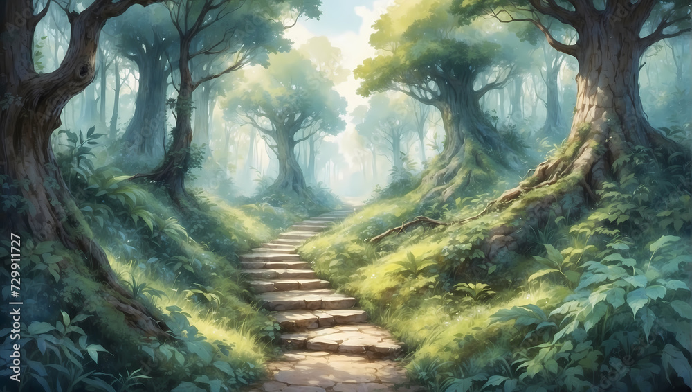 Watercolor Fantasy Wild Forest Path Unveiled in Stunning Wall Decor.