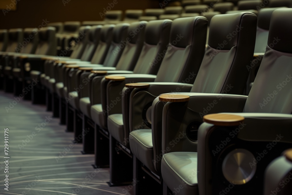 Naklejka premium row of empty vip theater seats with personal swivel tables