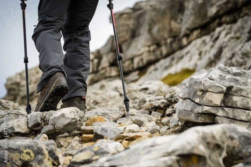 walker with poles navigating a rocky terrain