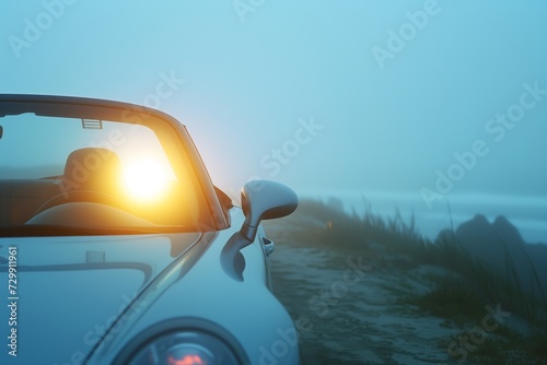 bright headlights from convertible car on foggy beachfront road photo