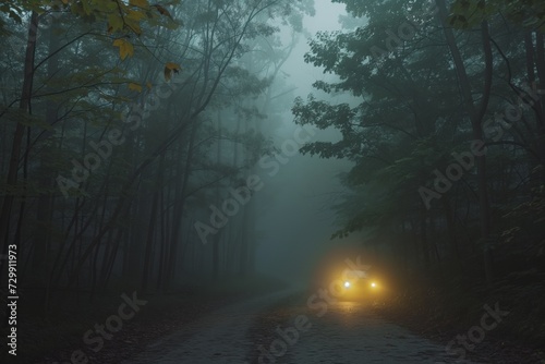 car lights on a foggy forest path, trees partially visible