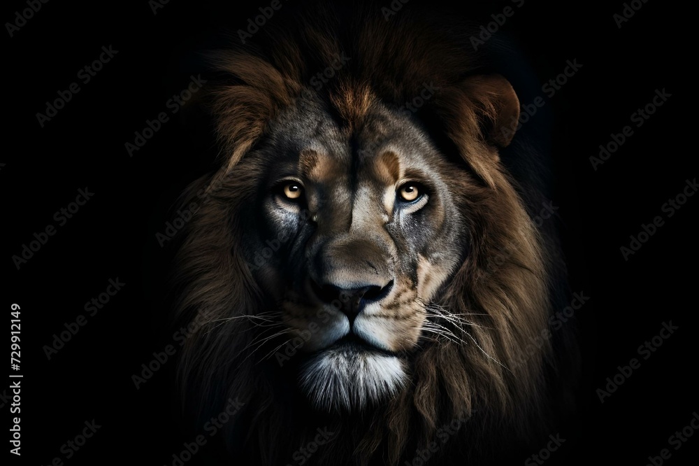 AI generated illustration of a majestic lion with dark fur and piercing eyes