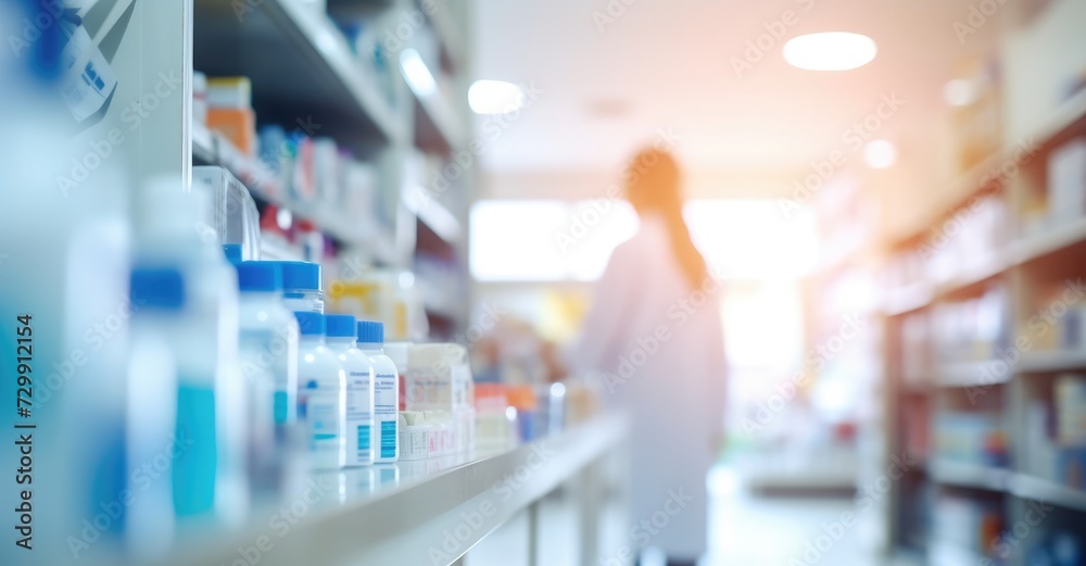 Blurred light tone Pharmacy store drugs shelves interior background medicine shelf in a row blurred light tone