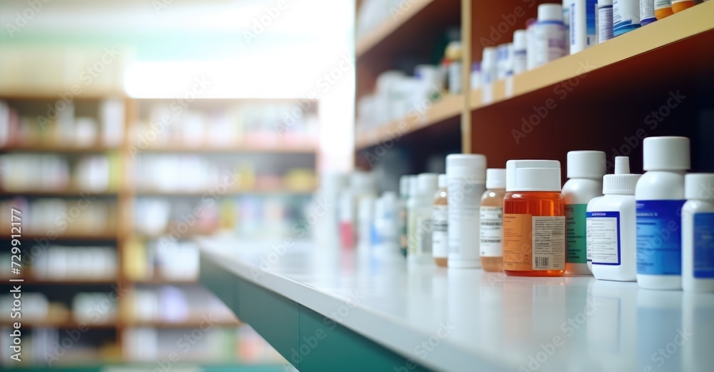 Blurred light tone Pharmacy store drugs shelves interior background medicine shelf in a row blurred light tone