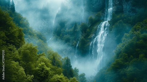Cascading Waterfall Veil: Misty blues and lush greens form an abstract portra...