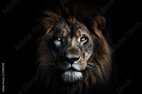AI generated illustration of a majestic lion with dark fur and piercing eyes