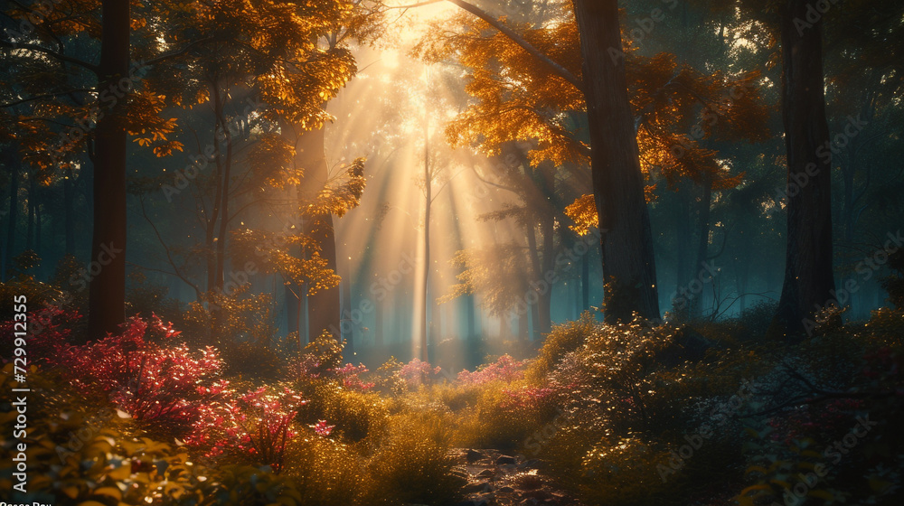 A tranquil forest with sunlight filtering through the trees, illuminating the words 