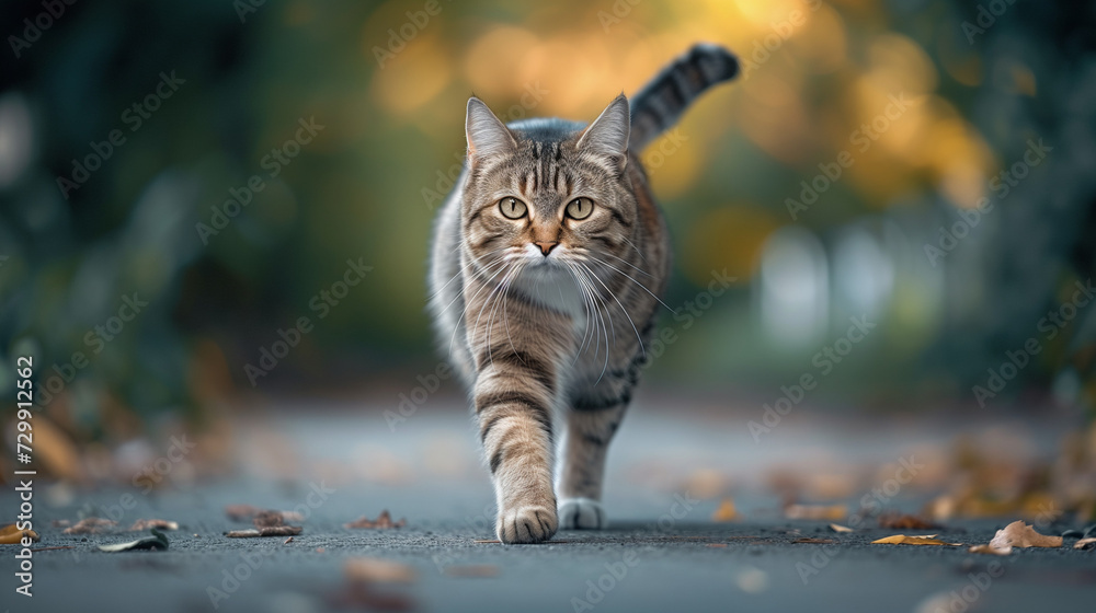Obraz premium Cat walking on the middle of the road