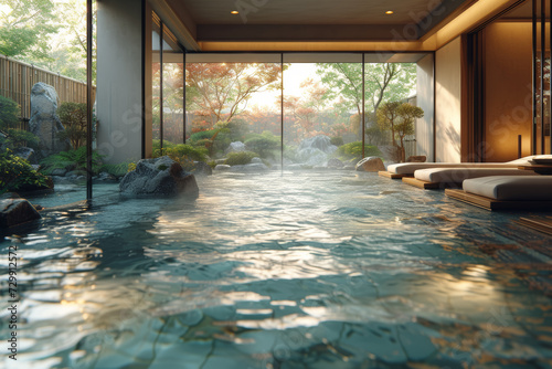 A captivating virtual reality experience that simulates a rejuvenating hot spring bath, providing users with a sense of relaxation and warmth. Concept of VR hot spring relaxation. Generative Ai. © Sebastian