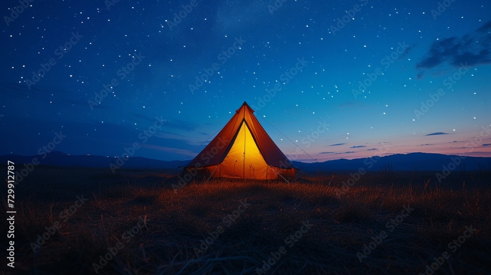 Camping Bliss: Tent silhouettes against starry skies evoke the joy of camping under the open sky.