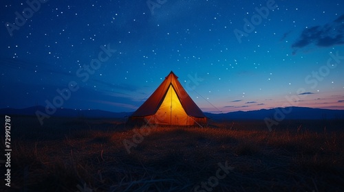 Camping Bliss  Tent silhouettes against starry skies evoke the joy of camping under the open sky.