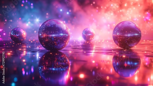 Disco Dreamscape  Disco balls casting dazzling reflections on a groovy  starlit dance floor.