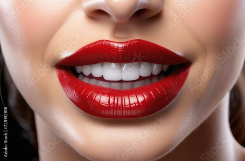 close up lips of woman. Red female lips close-up. White teeth.