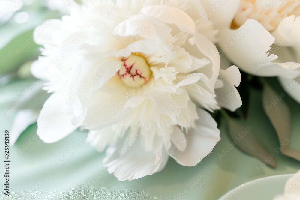 closeup of a white peony centerpiece on a pastel green tablecloth closeup of a white peony centerpiece on a pastel green tablecloth