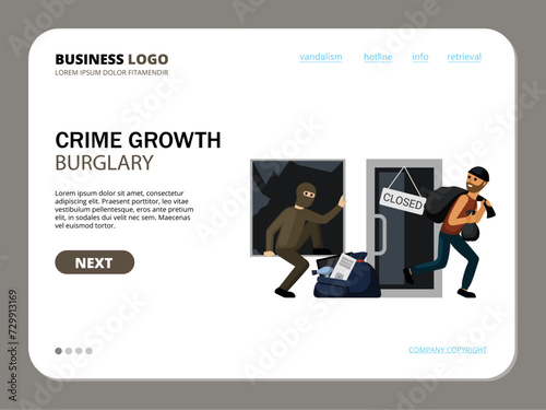 burglary concept. robbery, keep home safe from burglary concept, thief robber intruding in apartment, criminal burglar breaking landing. vector cartoon conceptual illustration.