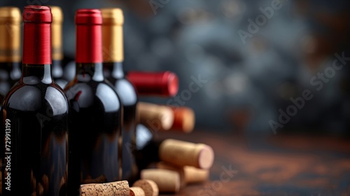 Cascading wine bottles and corks, conveying a passion for viniculture